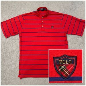 Vtg Polo Ralph Lauren Polo Shirt Men's Large Red Striped Tartan Plaid Crest Golf
